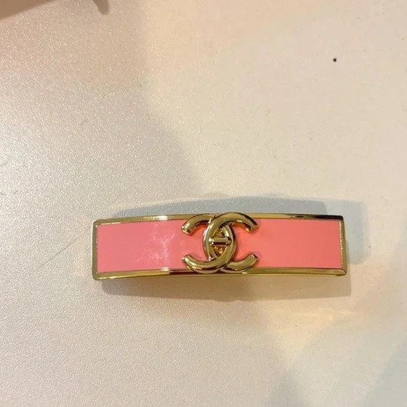 CHANEL Pink and Gold Logo Hair Barrette - Picture 1 of 3